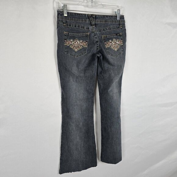 Angels Jeans Juniors 3 Blue Flare Raw Hem Ankle Embordered Sequin Bejeweled - Picture 15 of 16